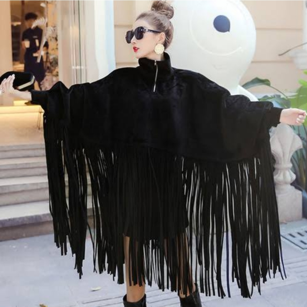 Nwot Black High neck Festival Longsleeve Fringed Poncho w/ Gold Zipper